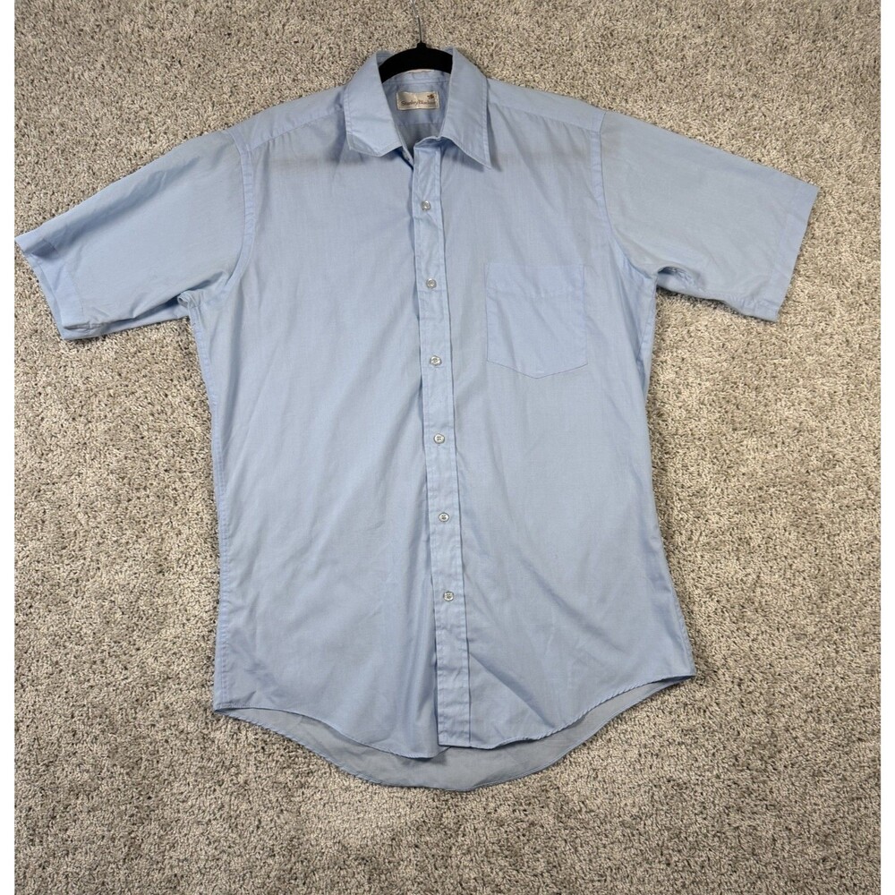 Vintage Stanley Blacker Mens Medium 15 Neck Blue Short Sleeve Button Up Shirt